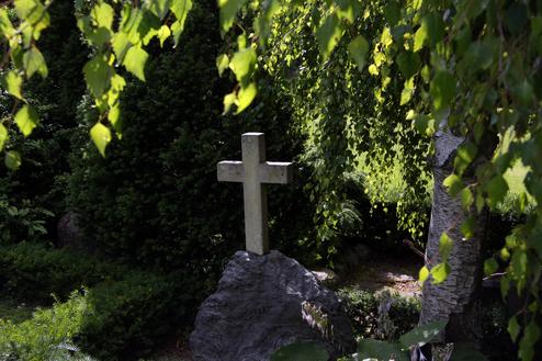Granitkreuz auf einem steinernen Sockel, umgeben von grünen Sträuchern und einem birkenartigen Baum.